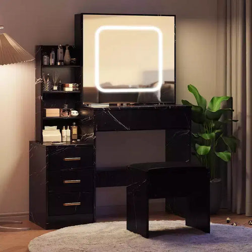 Acekool Vanity Set with Storage Drawers, Sliding Mirror, Charging Station, Adjustable Lighting, Stool, Marble Black