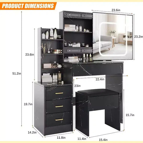 Acekool Vanity Set with Storage Drawers, Sliding Mirror, Charging Station, Adjustable Lighting, Stool, Marble Black