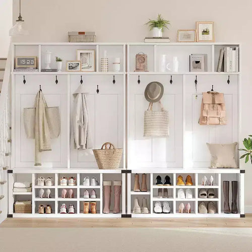 Acekool 76 Hall Tree with Bench, Shoe Storage, Coat Rack, 6 Hooks & Adjustable Shelf, Farmhouse Entryway Organizer, White