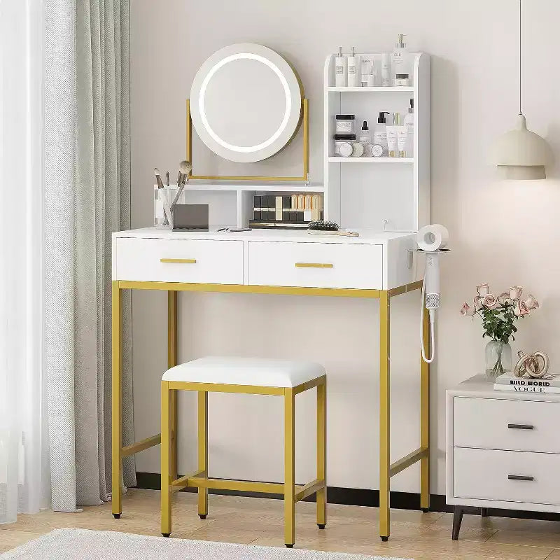 Adjustable Vanity Desk with Rotating Mirror and Storage Shelves Makeup Table with Power Outlet 2 Drawers Stool for Dressing Room