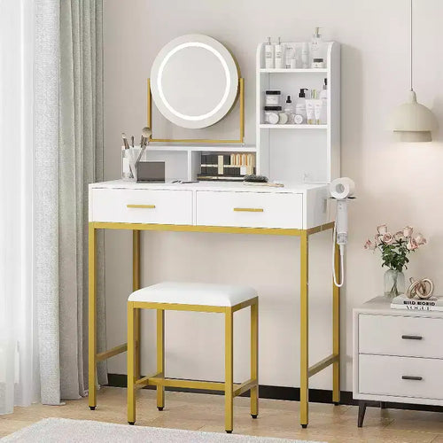 Adjustable Vanity Desk with Rotating Mirror and Storage Shelves Makeup Table with Power Outlet 2 Drawers Stool for Dressing Room
