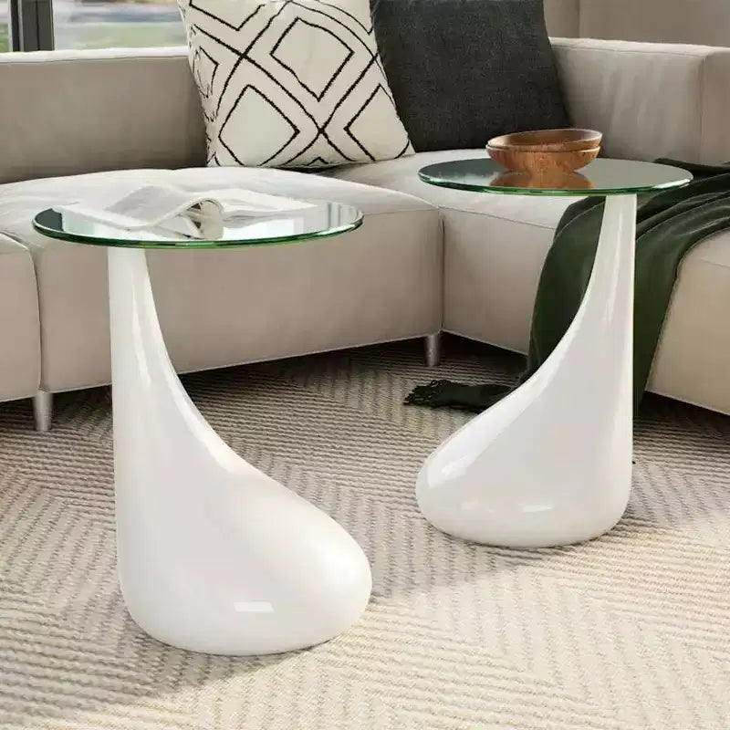Coffee Table Set of 2 High Gloss White Fiberglass Tempered Glass