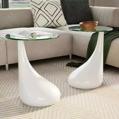 Coffee Table Set of 2 High Gloss White Fiberglass Tempered Glass