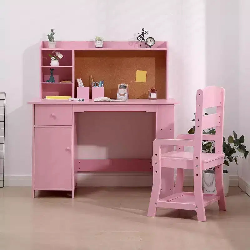 Kids Study Desk & Chair Set - Wood Writing Table w/ Bookshelf Bulletin Board & Storage for Ages 3-8