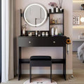 Okak Modern Storage Vanity Table with Round LED Mirror Small Dressing Desk with Cushioned Stool Makeup Table Set for Bedrooms