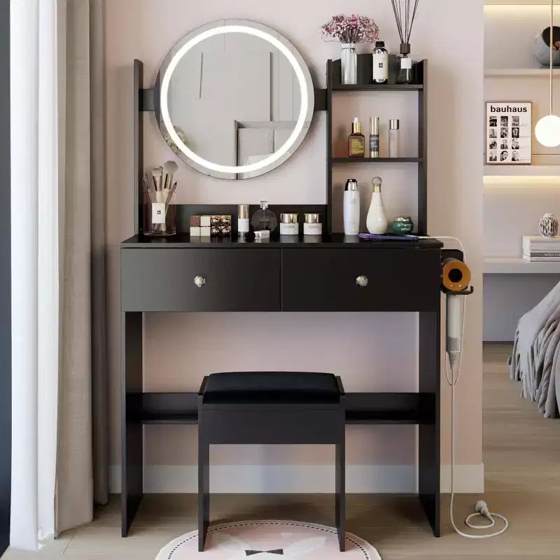 Okak Modern Storage Vanity Table with Round LED Mirror Small Dressing Desk with Cushioned Stool Makeup Table Set for Bedrooms
