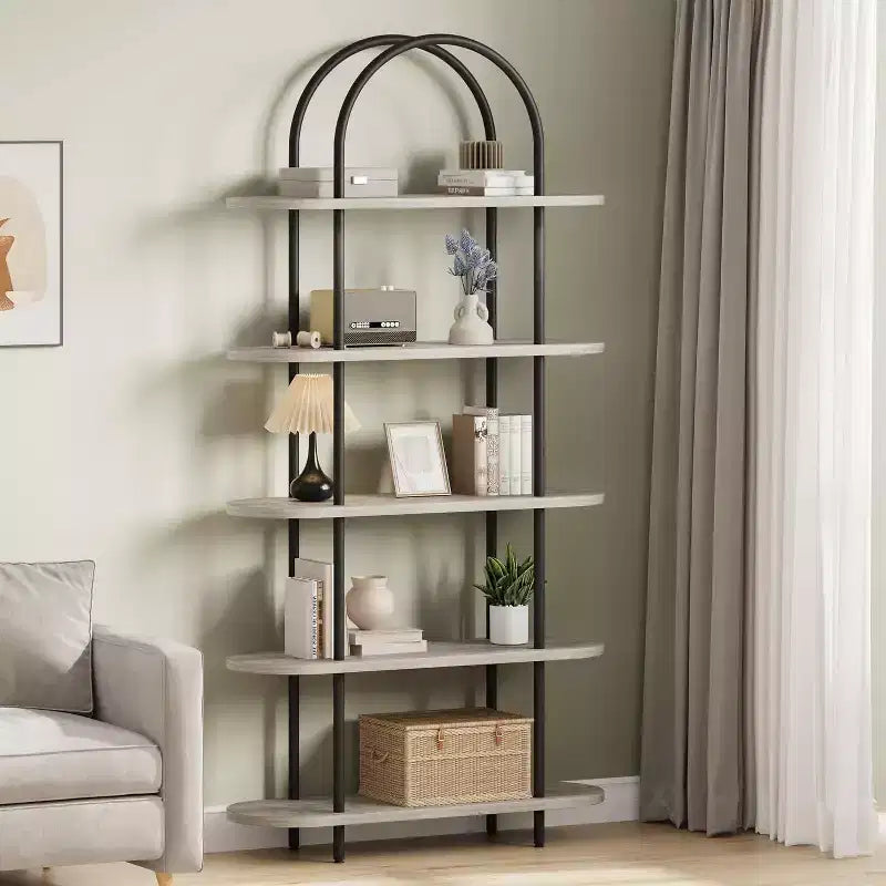 Bookshelf 5-tier arched display bookshelf freestanding open storage rack metal frame suitable for bedroom living room office 71 feet