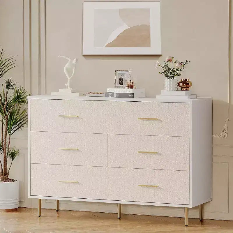6-Drawer Dresser Modern Wooden Bedroom Chest of Drawers With Handles and Storage Drawers Farmhouse Style TV Stand for Living Room Bedroom Hallway