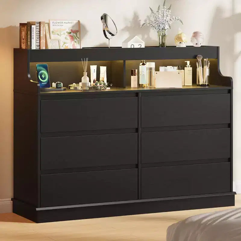 Dresser for Bedroom 6 Drawer Dresser Wide Chest of 6 Drawers with Open Space Modern Large Capacity Storage Cabinet Living Room Hallway