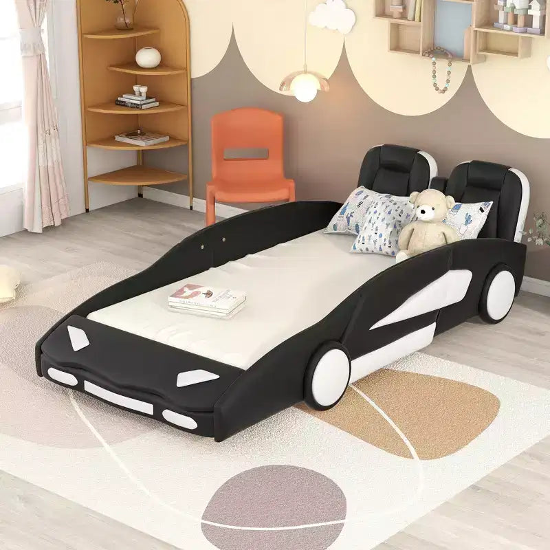 Twin Size Kids Race Car Bed Platform Bed Wood Car-Shaped Kids Floor Bed Frame with Wheels and 2 Seats for Boys Girls