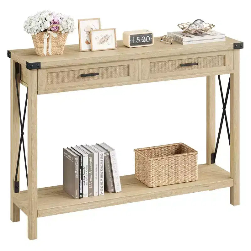 43 Farmhouse Console Table Rattan Drawers & Metal Frame Sofa Table for Living Room/Entryway/Bedroom