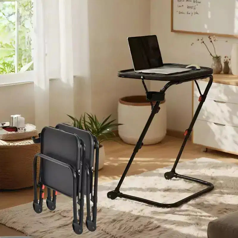 FurnitureR Adjustable Folding TV Tray with 4 Height & 3 Tilt Angle Dinner Trays Laptop Snack Table with Cup Holder for Bed & Sofa Set of 3 Black