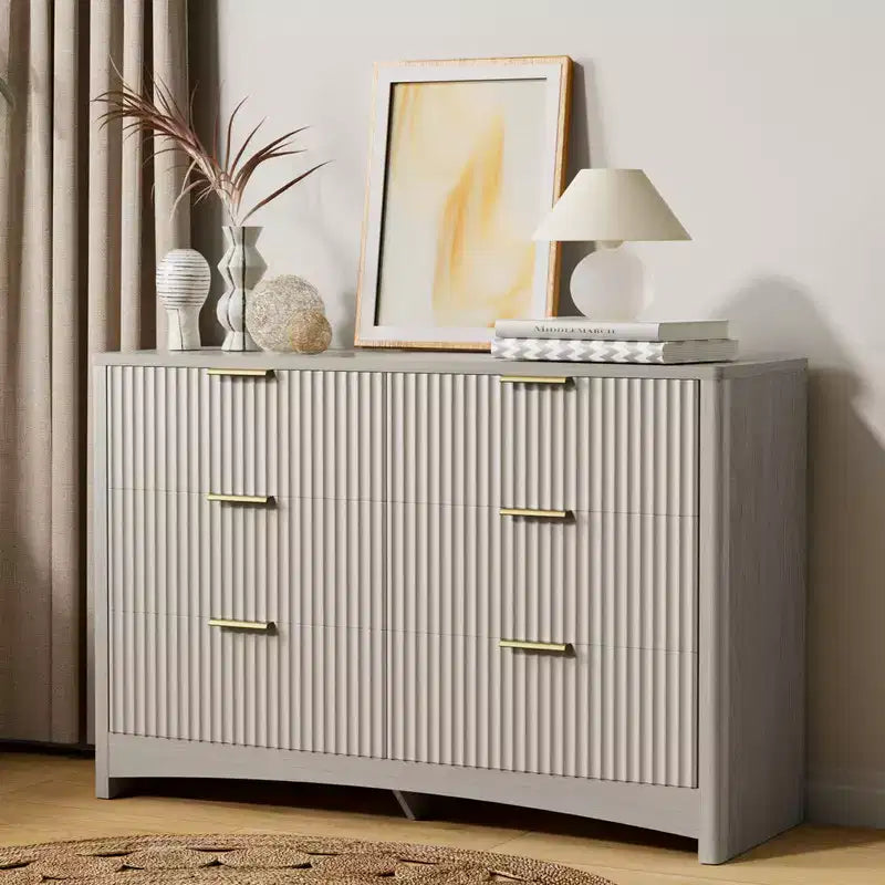 6-drawer dressing table rounded drawer slot wooden box dressing table TV stand and storage rack for bedroom and hallway gray