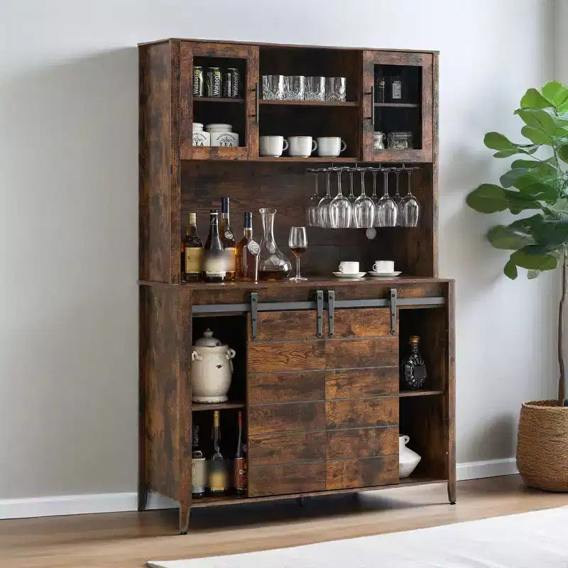 70'' Tall Coffee Bar Cabinet Freestanding Kitchen Pantry Cabinet with Wine & Glass Rack Wood Kitchen Hutch Storage for Kitchen Living Room