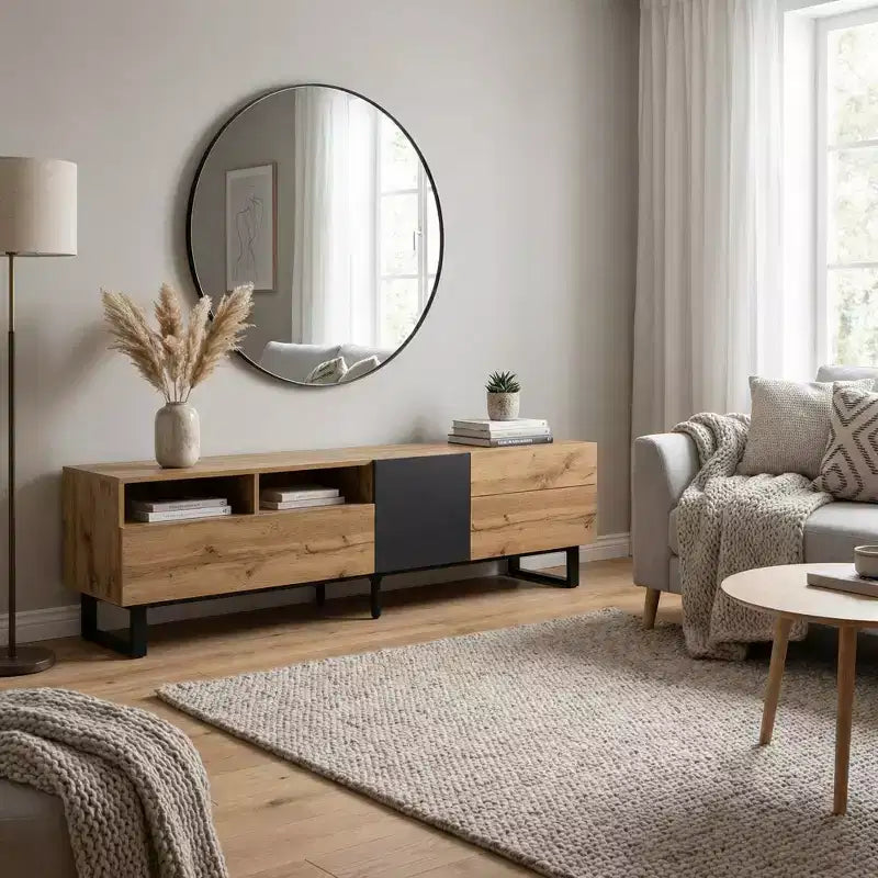 JVNOXK 70.90-inch Modern Entertainment Center TV Stand accommodates 80-inch TVs featuring dual-level storage compartments Wood