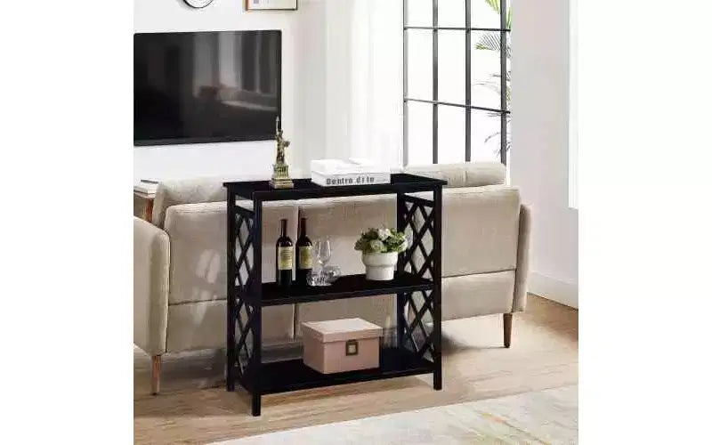 Okak Modern Console Table with 3-Tier Open Storage Shelves Entryway Table with Solid Wood Legs Accent Table for Living Room Black