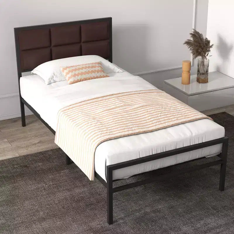 Bed Frame Faux Leather Platform Bed Frame with Upholstered Square Stitched Headboard Metal Bed Frame with Steel Slats Support Box Spring Optional
