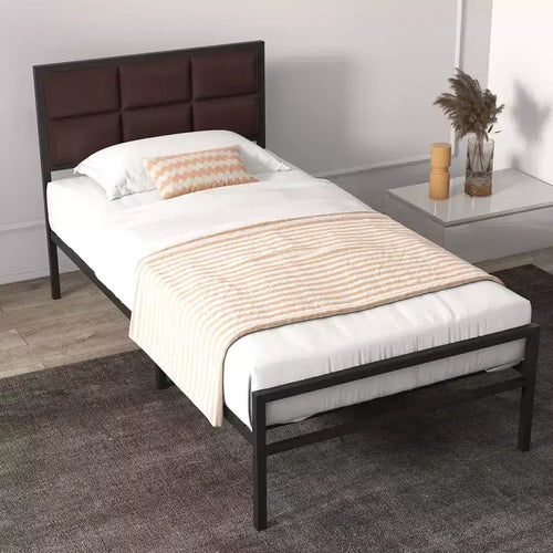 Bed Frame Faux Leather Platform Bed Frame with Upholstered Square Stitched Headboard Metal Bed Frame with Steel Slats Support Box Spring Optional