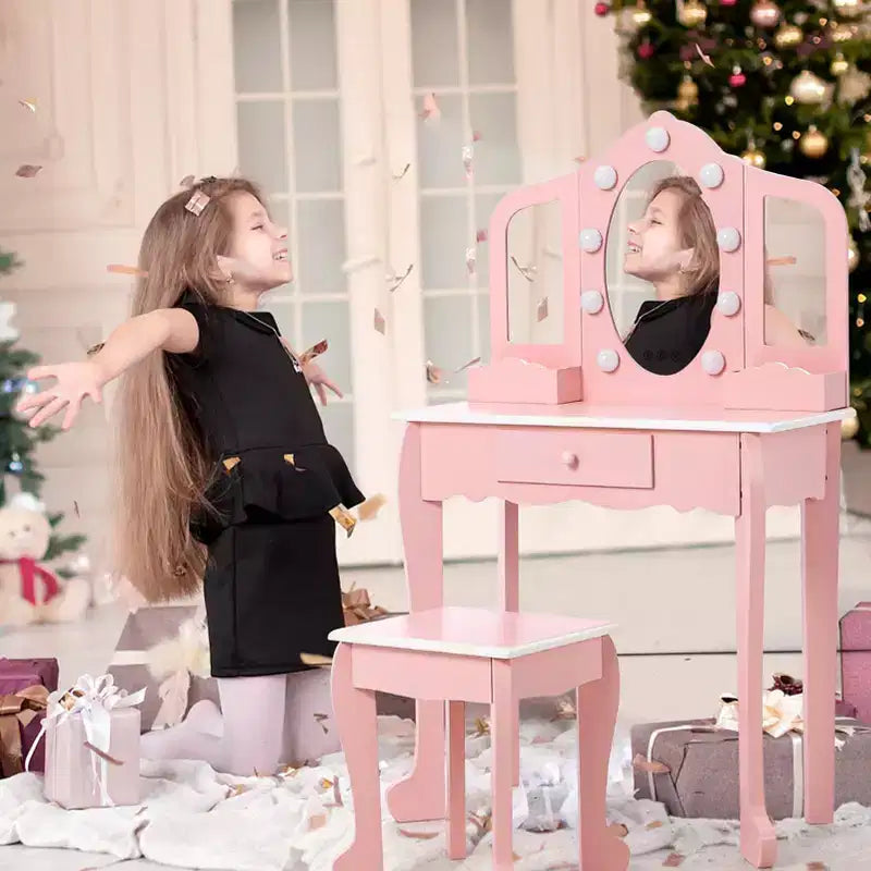 Kids Vanity with 3 Mirrors and Stool Girls Vanity with Wood Makeup Playset Princess Vanity Table for Toddlers
