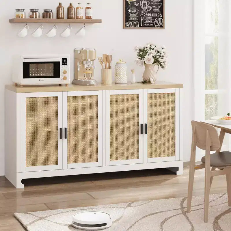 4 Doors and Shelf Rattan Accent Storage Cabinet Dining Room Kitchen Living Room