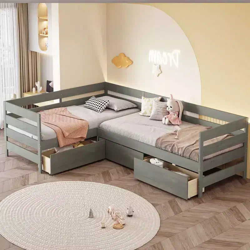 Twin Size L-Shaped Platform Bed for 2 Kids Wood Kids Platform Bed Frame with 3 Storage Drawers and Guardrail for Boys Girls