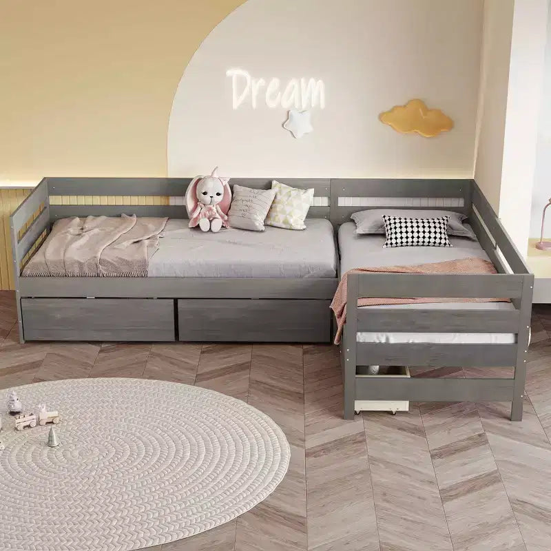 Lit Plateforme en L pour Deux Lits Simples