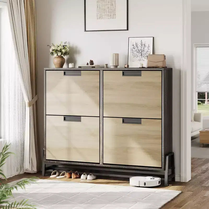 Shoe rack entryway shoe storage with 4 flip-top drawers free-standing metal legs with 3 adjustable shelves suitable for hallways oak