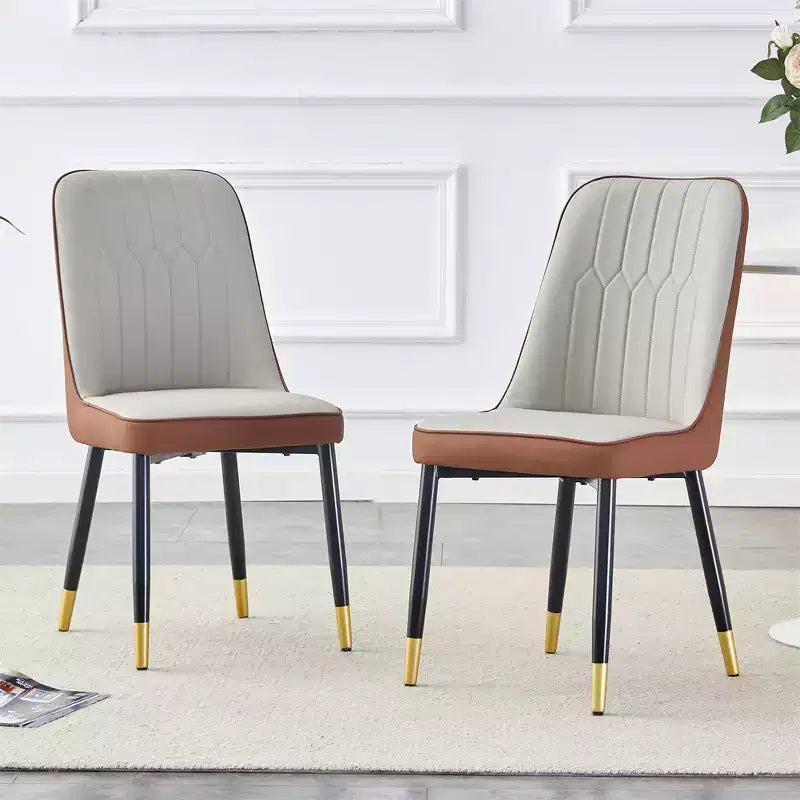 Set of 2 Brown Leather Dining Chairs with Gold Metal Legs Modern Upholstered Kitchen/Restaurant Chairs