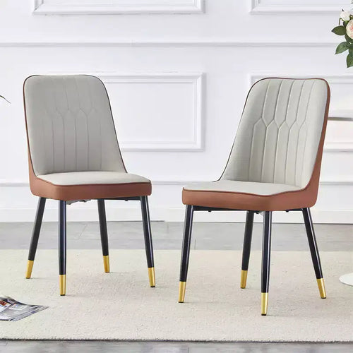 Set of 2 Brown Leather Dining Chairs with Gold Metal Legs Modern Upholstered Kitchen/Restaurant Chairs