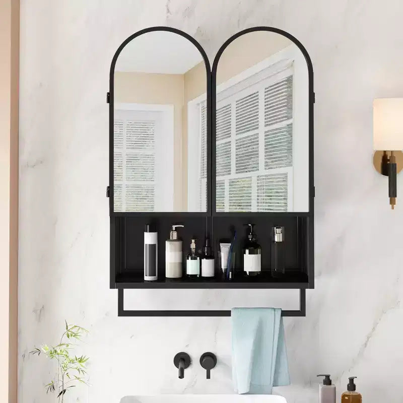 GDFStudio Kimura 24W Modern Metal Medicine Cabinet with Double-Arched Mirror Adjustable Shelves and Towel Rack