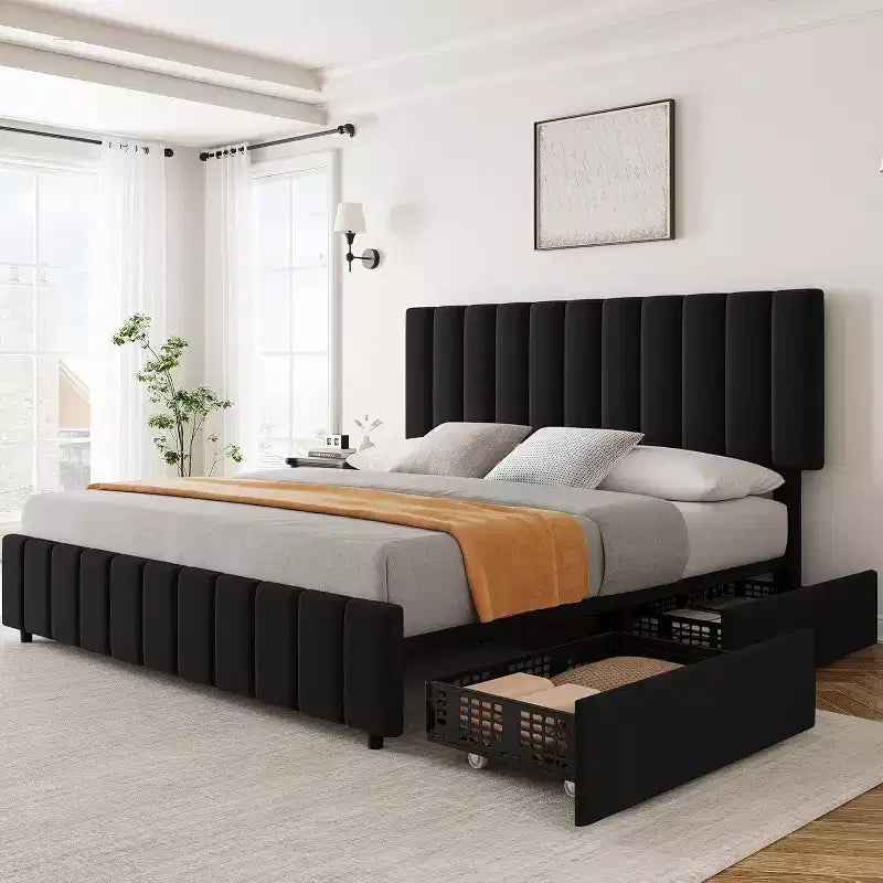 Platform Bed Frame with Elegant and Stylish Headboard 4 Storage Drawers No Box Spring Required Easy Assembly Heavy-Duty Support