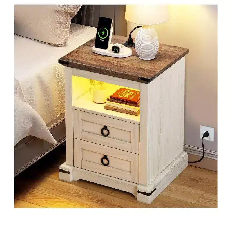 Modern Minimalist Bedroom LED Charging Nightstand with Power Outlets Two Drawers Open Storage Side Table