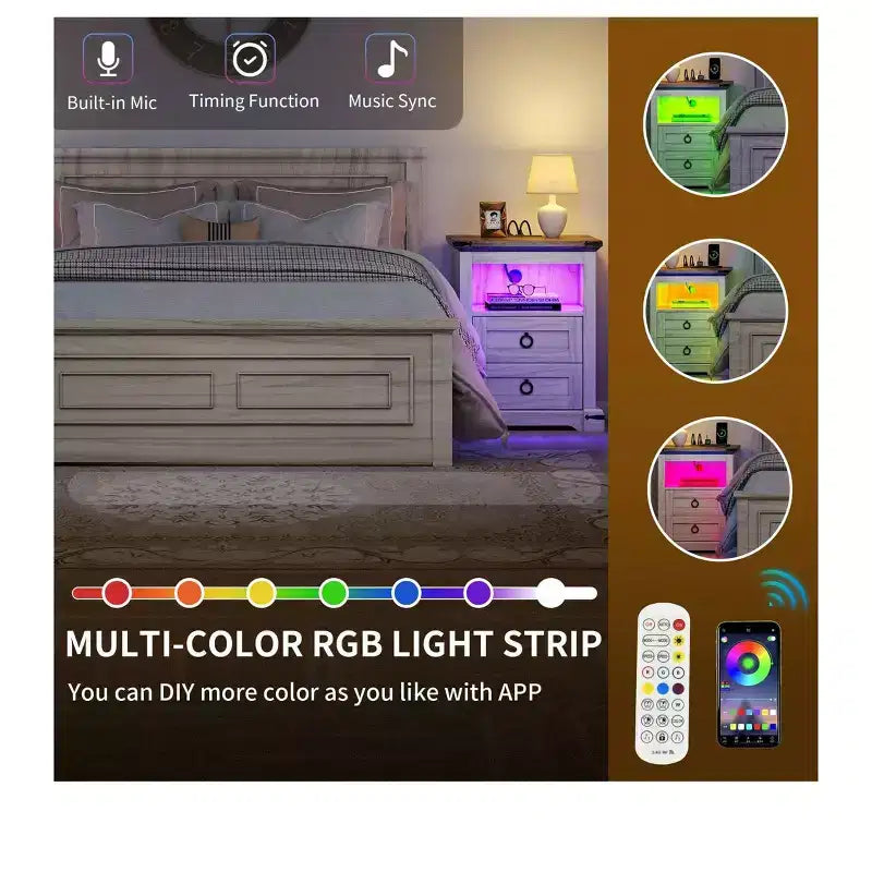 Table de chevet moderne minimaliste avec LED et port de charge pour chambre à coucher
