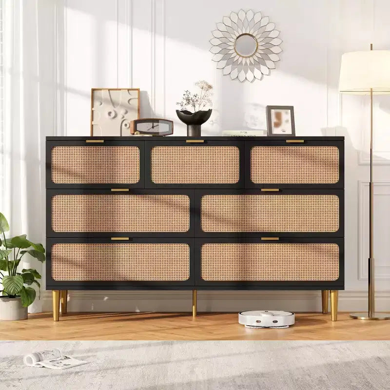 Rattan 7 Drawer Dressers Tall Dresser with Deep Drawers Large Chest of Drawers for Closet with Wide Top Long Wooden Dresser for Living Room