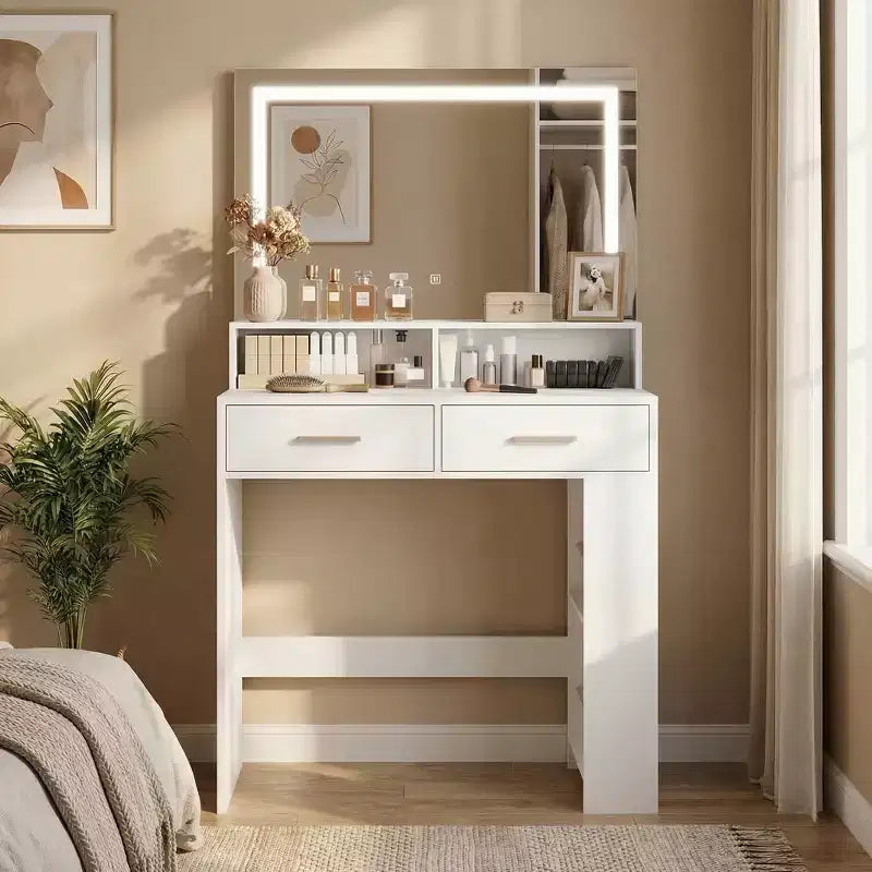 Vanity Desk With Mirror Compact Makeup Vanity Table With 2 Large Drawers Shelves 3 Color Modes Adjustable Light White