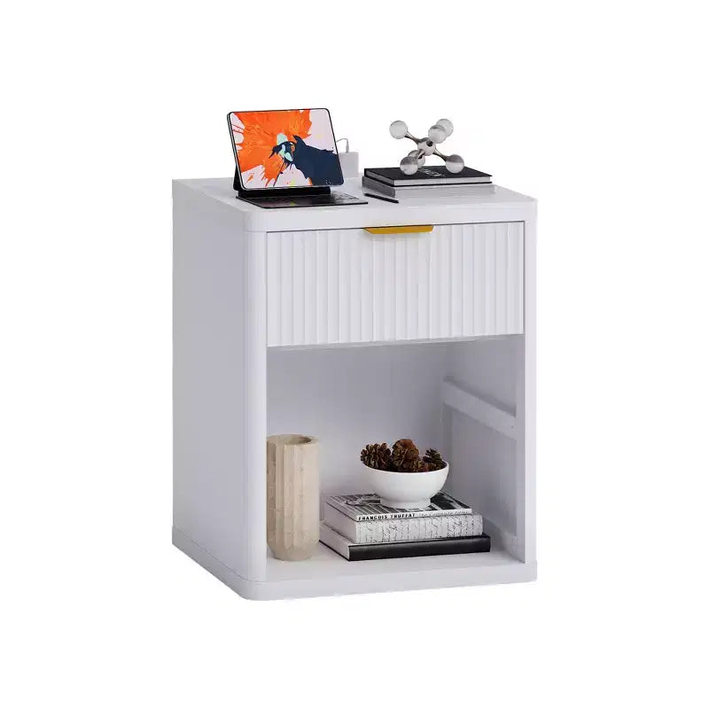 Fluted Nightstand with Charging Station Bedside Table with Drawers Open Storage Space Rounded Corners Mid Century Modern End Table