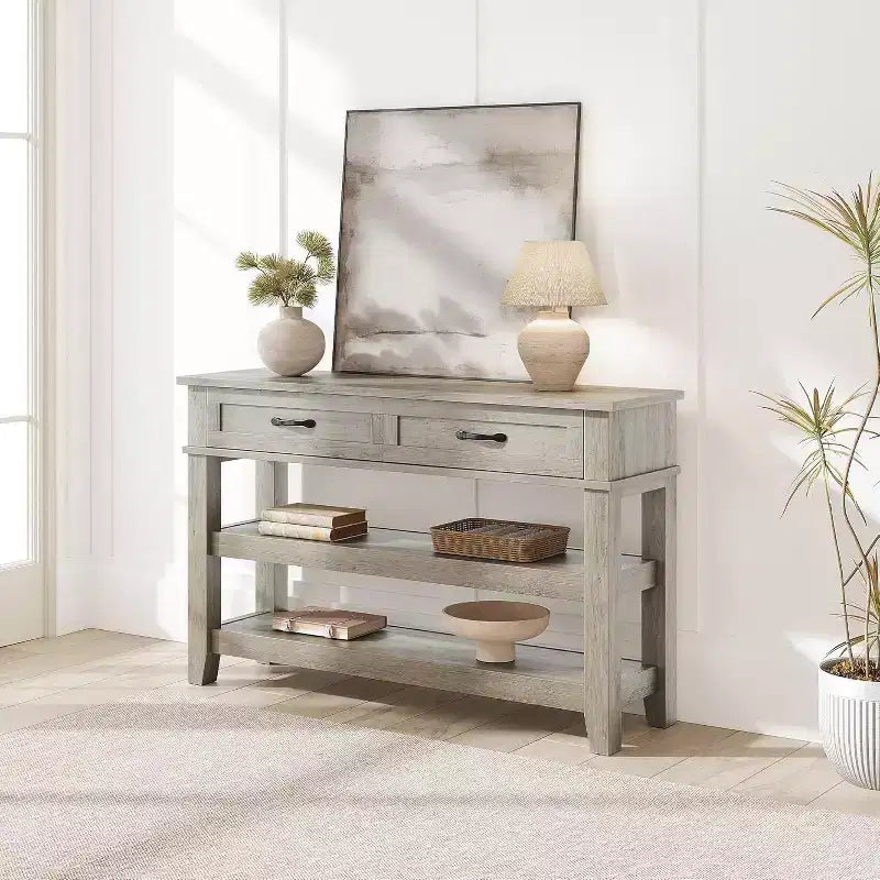 47.2 Entryway Table Console Table 2 Storage Drawers Wooden Construction 3 Tier Farmhouse Wooden Sofa Table for Entryway Living Room