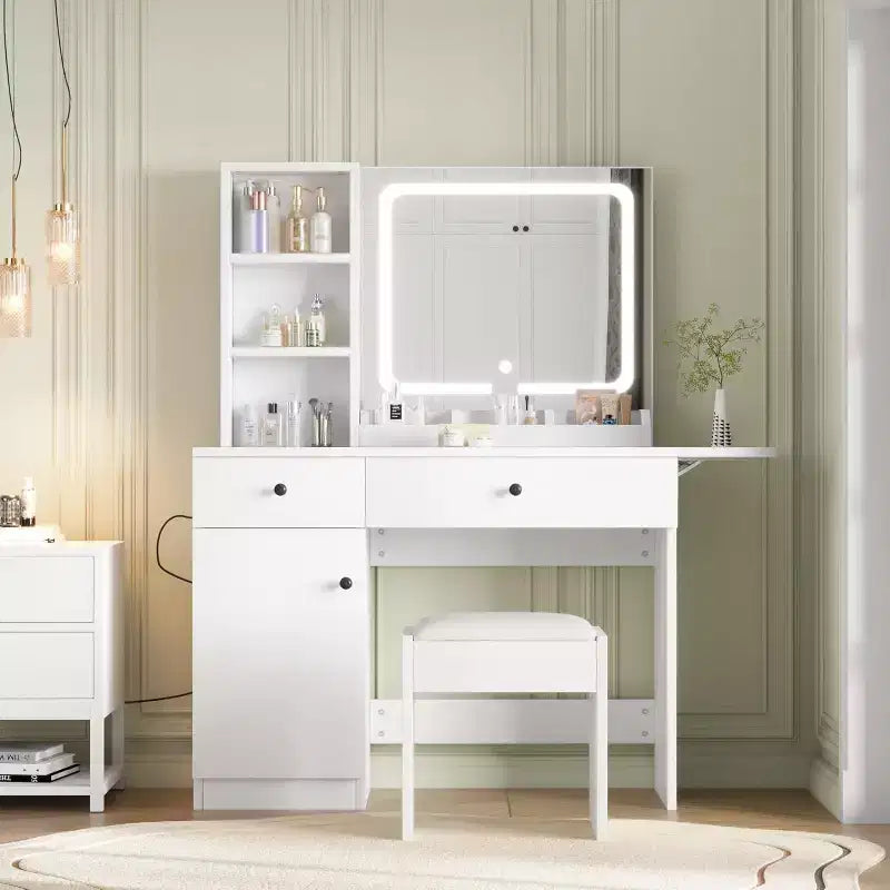 Makeup Vanity Desk with Mirror and Lights Vanity Table Set with Drawer & Power Outlet & Storage Chair & 3 Shelves White
