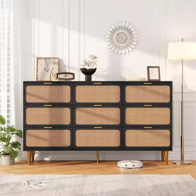 Tall Rattan 9-Drawer Dresser for Bedroom Large Wooden Chest with Deep Drawers and Wide Top Versatile Storage for Closet or Living Room
