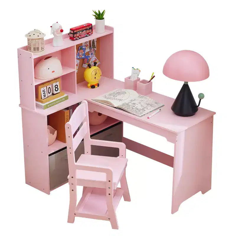 Children's corner table and chair set L-shaped children's study table with bulletin board open bookshelf storage cabinet and fabric drawer.