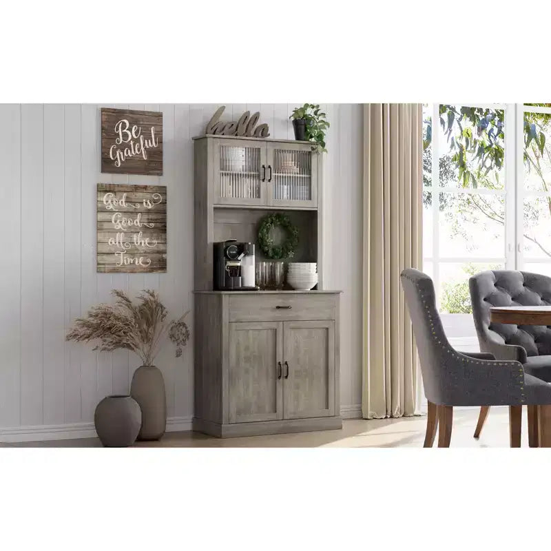 Farmhouse Buffet Cabinet with Drawers Kitchen Pantry Storage Cabinet Microwave Stand Glass Door Coffee Cabinet for Dining Room