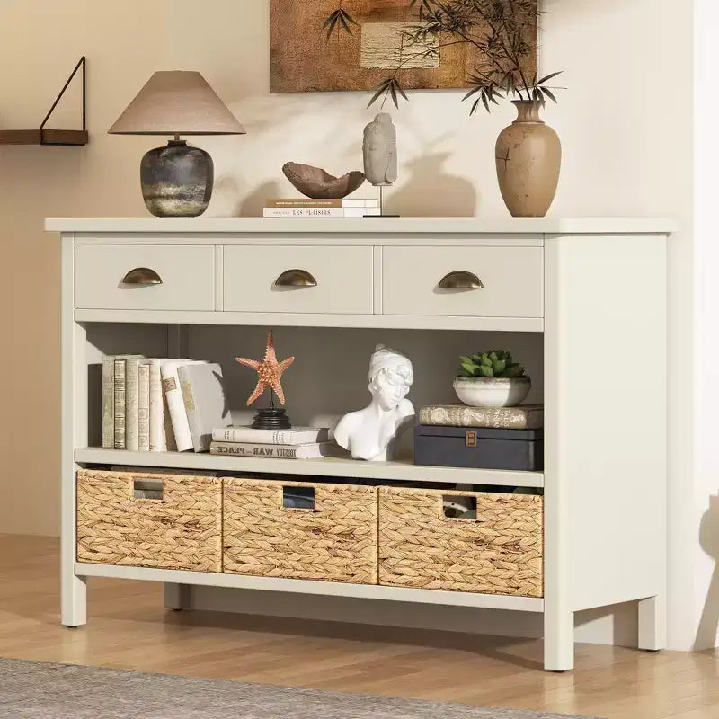 Wood Retro Console Table with Storage Entryway Table with 3 Water Hyacinth Woven Baskets for Entryway and Living Room