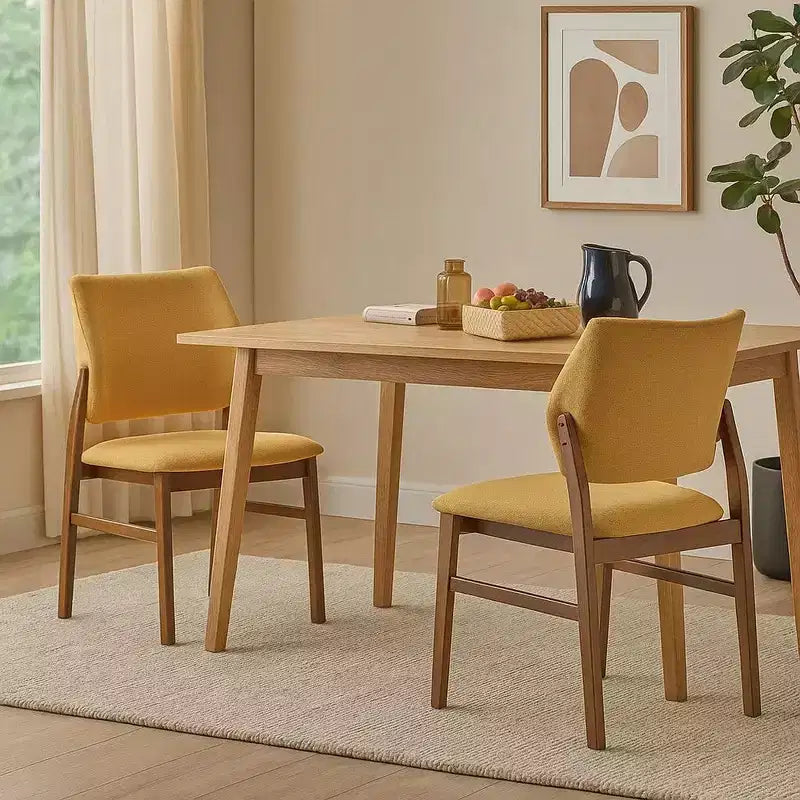 Royal Hampton Dining Side Chair Set of 2 Yellow Linen Cushioned Walnut Brown