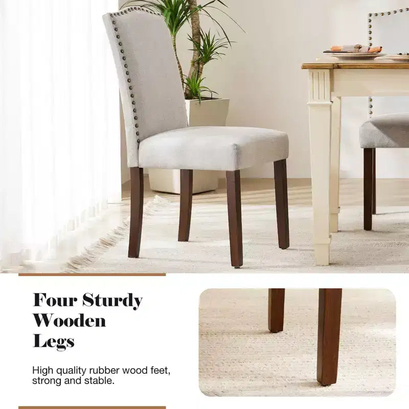 TUYOHW 17.7H Retro Dining Chairs with Nailhead Trim,Set of 2,Elegant Linen Fabric Side Chairs with High Back & Rubberwood Legs,250lbs Max