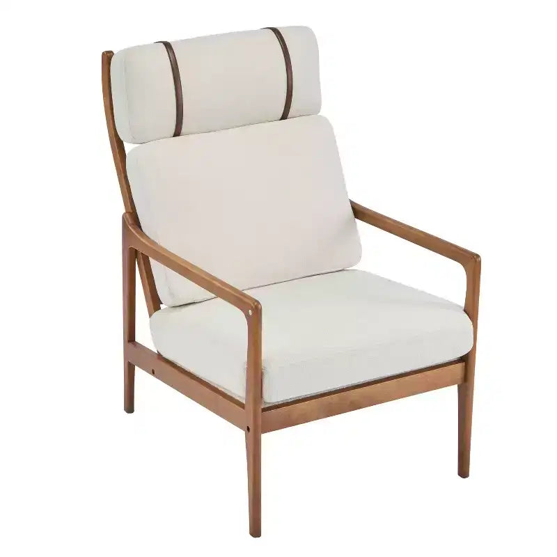 MAYEERTY Mid Century Modern Accent Armchair, Solid Wood Frame High Back Ergonomic Beige Cushions, Living Room Bedroom Reading Nook, Beige