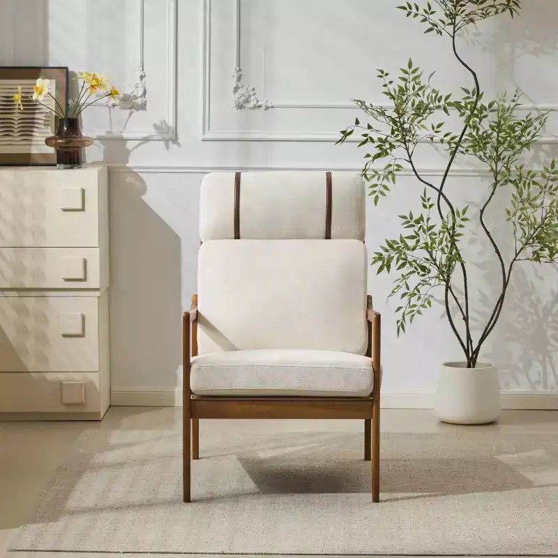 MAYEERTY Mid Century Modern Accent Armchair, Solid Wood Frame High Back Ergonomic Beige Cushions, Living Room Bedroom Reading Nook, Beige