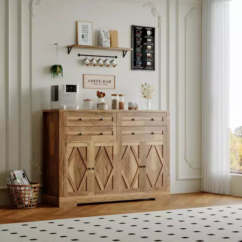 Modern Farmhouse Buffet Cabinet with Storage, Sideboard Storage Cabinet with 4 Doors & 4 Drawers Coffee Bar Brown