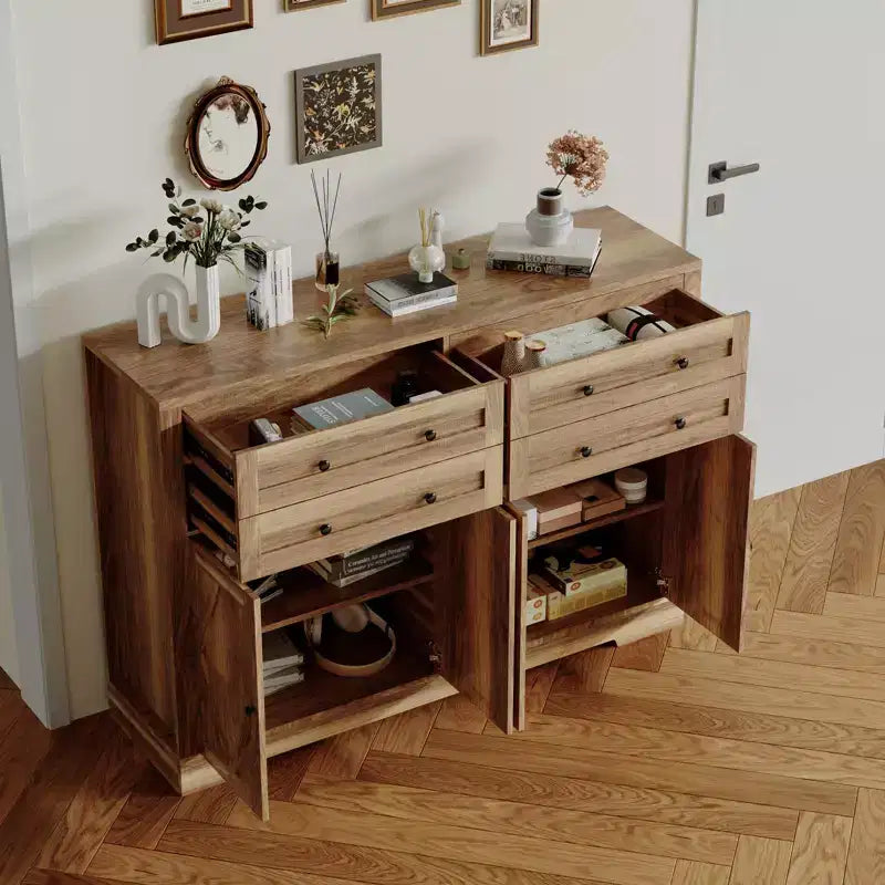 Modern Farmhouse Buffet Cabinet with Storage, Sideboard Storage Cabinet with 4 Doors & 4 Drawers Coffee Bar Brown