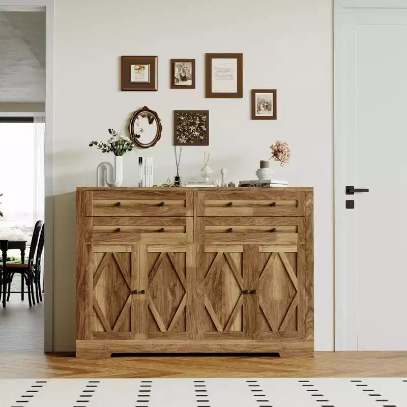 Modern Farmhouse Buffet Cabinet with Storage, Sideboard Storage Cabinet with 4 Doors & 4 Drawers Coffee Bar Brown