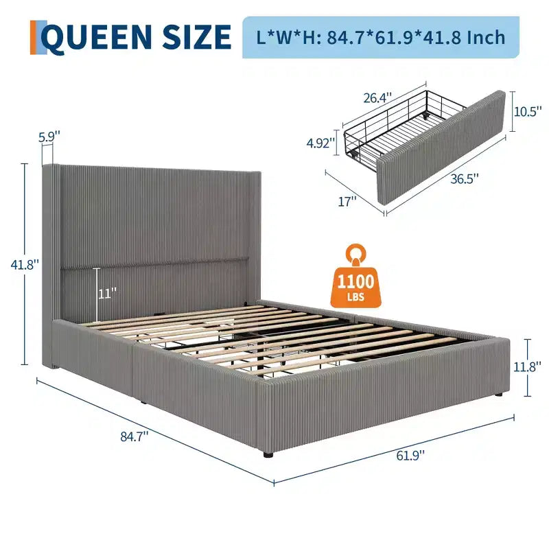 Upholstered Platform Bed Frame with Storage Drawers, Corduroy Wingback with Tufted Headboard and Footboard, No Box Spring Needed